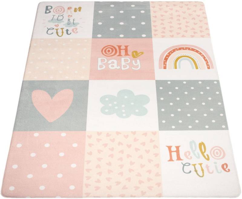 Paco Home Kinderteppich Chicos 554, rechteckig, Höhe: 2 mm, Flachgewebe, mit Schriftzug & Regenbogen oder Sternen, Pastell-Farben von Paco Home