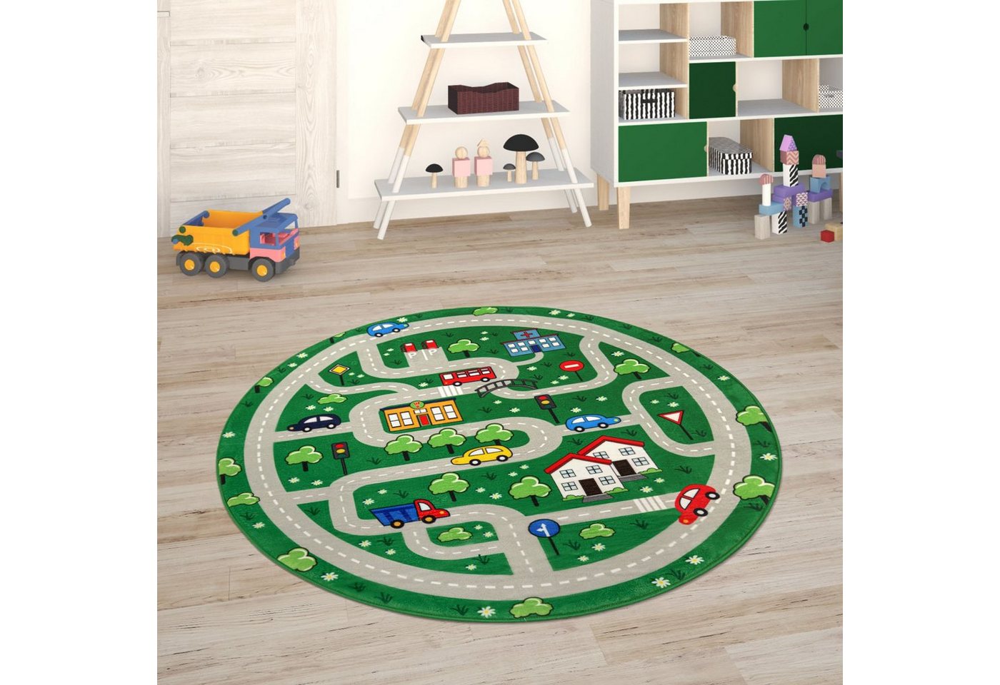 Kinderteppich Chicos 559, Paco Home, rund, Höhe: 2 mm, Flachgewebe, Straßen-Spiel-Teppich, Kinderzimmer von Paco Home