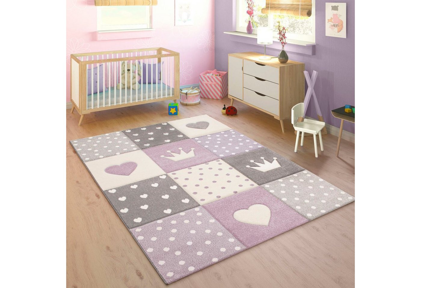 Kinderteppich Cosmo 339, Paco Home, rechteckig, Höhe: 16 mm, Kurzflor, Pastell-Farben, 3D-Effekt, Motiv Herz, Punkte & Krone von Paco Home