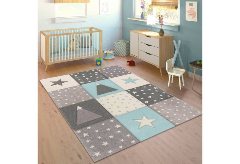 Paco Home Kinderteppich Cosmo 340, rechteckig, Höhe: 17 mm, Kurzflor, Pastell-Farben, 3D Effekt, Motiv Berge, Punkte & Sterne von Paco Home