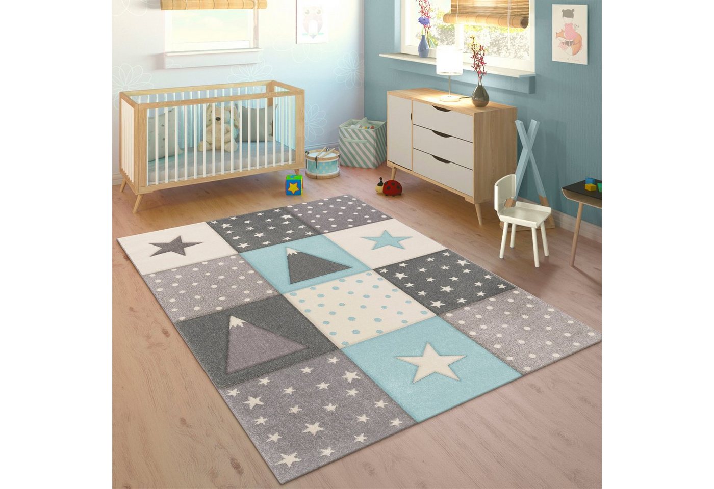 Paco Home Kinderteppich Cosmo 340, rechteckig, Höhe: 17 mm, Kurzflor, Pastell-Farben, 3D Effekt, Motiv Berge, Punkte & Sterne von Paco Home