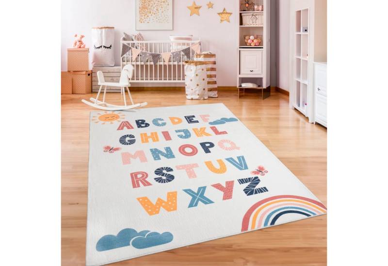 Paco Home Kinderteppich Eliz 394, rechteckig, Höhe: 12 mm, Kurzflor, Spielteppich, Motiv Alphabet & Regenbogen von Paco Home