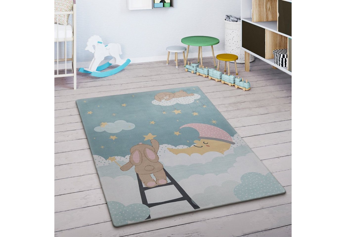 Kinderteppich Kinderteppich Hase Sterne Wolken Mond, Paco Home, rund, Höhe: 4 mm von Paco Home