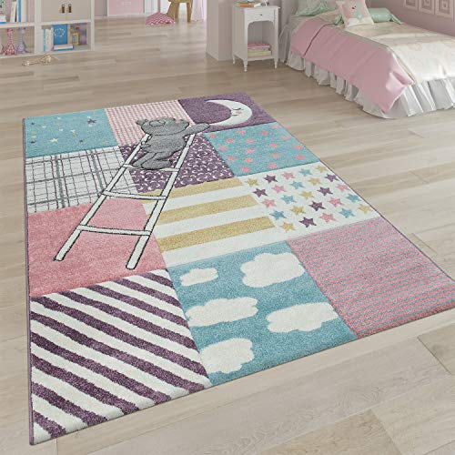 Kinderteppich Kinderzimmer Rosa Bunt Weich 3-D Patchwork Muster Bär Mond Sterne, Grösse:80x150 cm von Paco Home