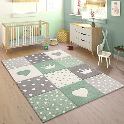 Kinderteppich Teppich Kinderzimmer Pastell 3D Effekt Punkte Herzen Sterne Grün Grau, Grösse:160 cm Rund von Paco Home