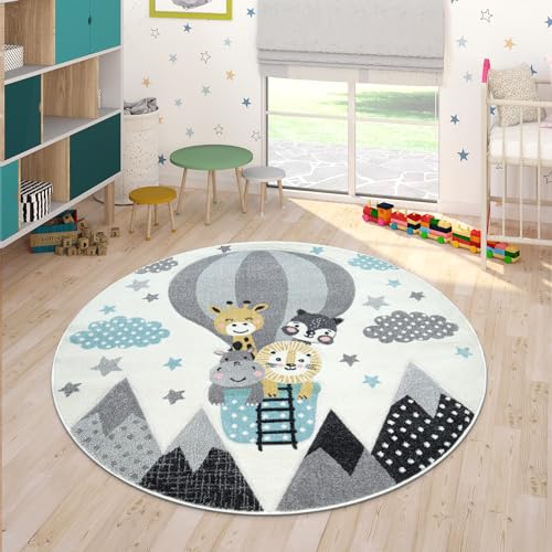 Paco Home Teppich Kinderzimmer Junge Mädchen Kinderteppich Spielteppich Kurzflor 3D Optik Berge Sterne Wolken Tiere Creme Grau Blau Gelb, Grösse:Ø 200 cm Rund von Paco Home