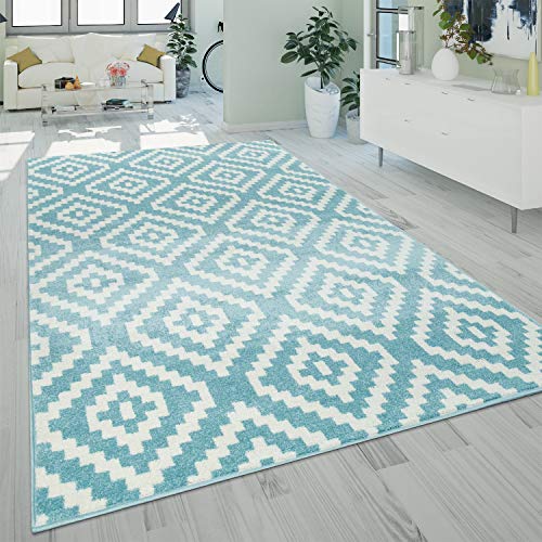 Kurzflor Teppich Blau Weiß Wohnzimmer Rauten Muster Ethno Design Robust Pastell, Grösse:60x100 cm von Paco Home