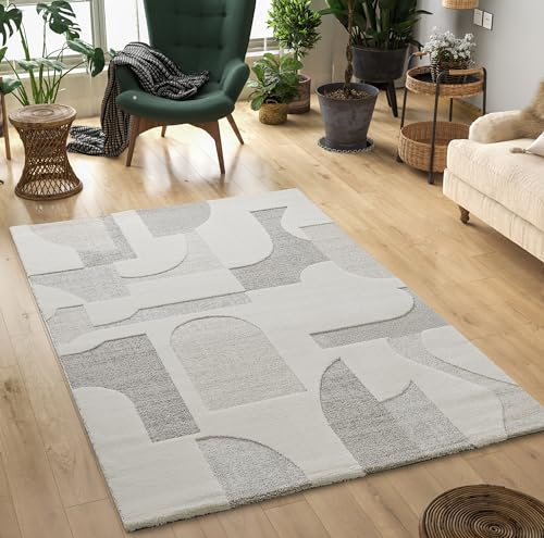 Paco Home Mias Teppiche Theo - moderner Kurzflor mit Hoch-Tief-Effekt, 3D Effekt, hohe Flordichte, weich, Abstraktes Design, Creme, 140 x 200 cm von Mias Teppiche