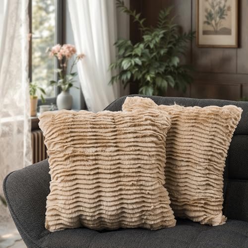Paco Home 2er Set Dekokissen Kissenbezug Deko Wohnzimmer Sofakissen Kissen Aesthetic Kissenhülle Einfarbig Waschbar, Farbe:Beige, Sets:2pcs-Set von Paco Home