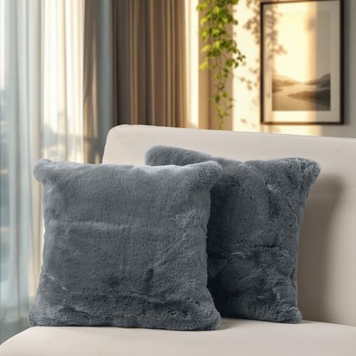 Paco Home 2er Set Kissenbezug Kunstfell Flauschig Deko Wohnzimmer Couchkissen Kissenhülle Schlafzimmer Boho Waschbar, Farbe:Anthrazit, Sets:2pcs-Set von Paco Home