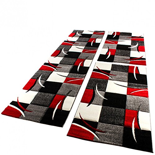 Paco Home Bettumrandung Läufer Teppich Modern Karo Rot Grau Schwarz Weiss Läuferset 3 TLG., Grösse:2mal 60x110 1mal 80x300 von Paco Home