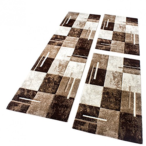 Paco Home Bettumrandung Teppich Marmor Optik Karo Braun Beige Creme Läuferset 3 TLG, Grösse:2mal 60x110 1mal 80x300 von Paco Home