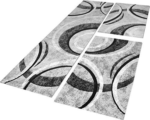 Paco Home Bettumrandung Teppich mit Konturenschnitt Grau Schwarz Creme Läuferset 3 TLG., Grösse:2mal 60x110 1mal 80x300 von Paco Home