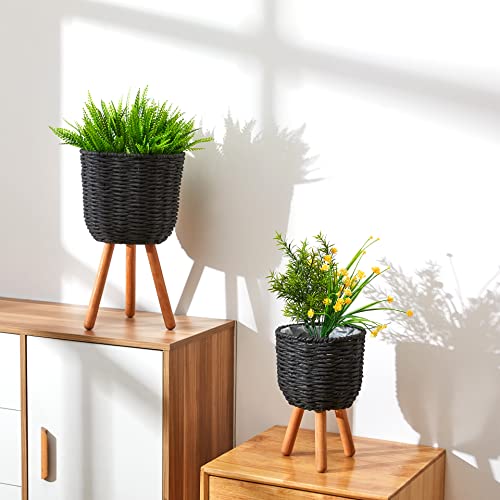 Paco Home Blumentopf Übertopf Natur Rattan Set mit Folieneinsatz Pflanzentopf Auslaufsicher Groß für Zimmerpflanzen, Farbe:Schwarz, Sets:2pcs Set/Design 3 von Paco Home