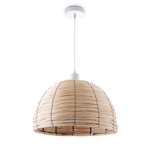 Paco Home Pendelleuchte Esstischlampe Esszimmer Pendellampe Korb Optik 1,5m Textilkabel E27 Rustikal Boho Hängelampe, Farbe:Natur (Ø36 cm), Leuchtenart___Farbe:Pendelleuchte - Weiß von Paco Home