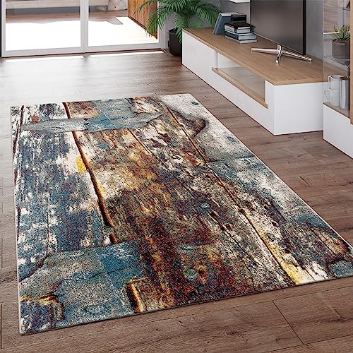 Paco Home Designer Teppich Bunte Holz Optik Hoch Tief Optik In Türkis Gelb Blau Meliert, Grösse:120x170 cm von Paco Home