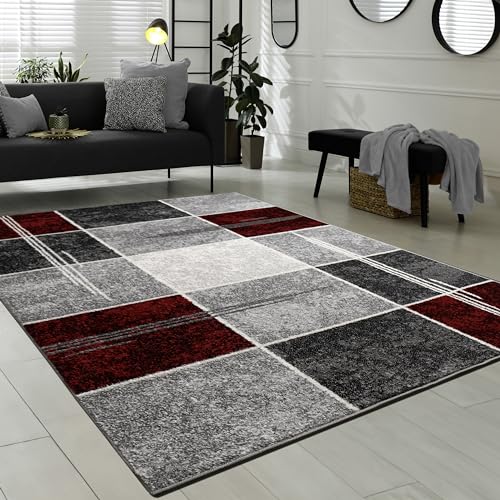 Paco Home Designer Teppich Kariert Kurzflor Marmor Optik Meliert Modern Grau Schwarz Rot, Grösse:160x220 cm von Paco Home