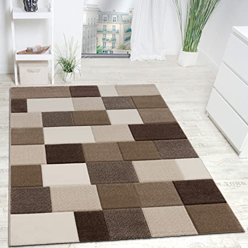 Paco Home Designer Teppich Modern Handgearbeiteter Konturenschnitt Kariert Braun Beige, Grösse:120x170 cm von Paco Home