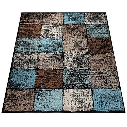 Paco Home Designer Teppich Wohnzimmer Ausgefallene Farbkombination Karo Türkis Braun Creme, Grösse:70x250 cm von Paco Home