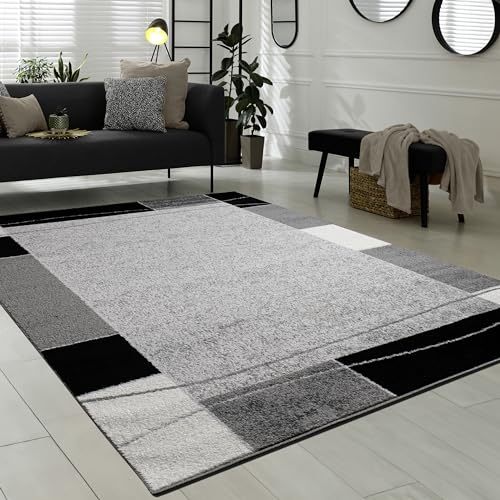 Paco Home Teppich Wohnzimmer Kurzflor Modern Bordüre Geometrisches Muster Grau Schwarz, Grösse:120x170 cm von Paco Home