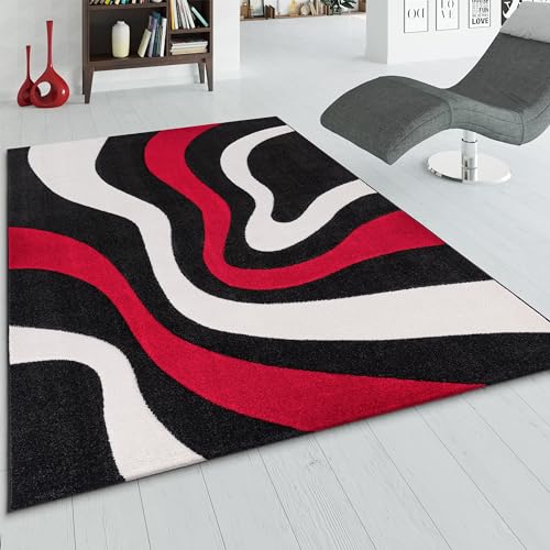 Paco Home Designer Teppich mit Konturenschnitt Wellen Muster Rot Schwarz Weiss, Grösse:80x150 cm von Paco Home