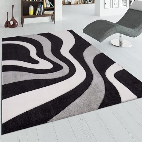 Paco Home Designer Teppich mit Konturenschnitt Wellen Muster Schwarz Grau Weiss, Grösse:80x150 cm von Paco Home