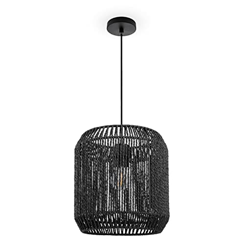Paco Home Hängelampe Bambus Wohnzimmer Pendelleuchte Rattan Esstisch Esszimmer Lampe E27 Hängeleuchte Papier Boho, Farbe:Schwarz (Ø28cm), Leuchtenart/Farbe:Pendelleuchte - Schwarz von Paco Home