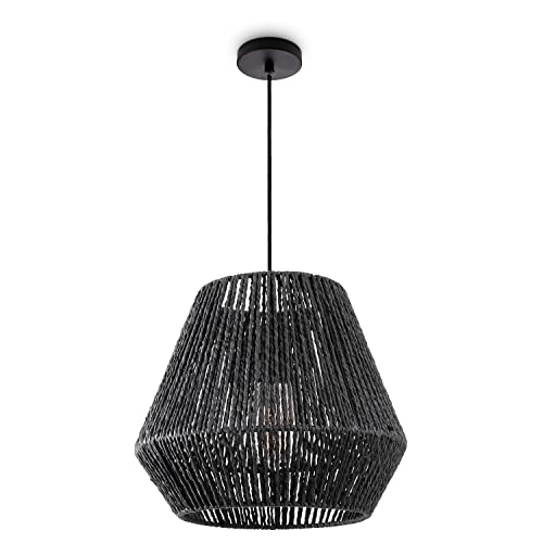 Paco Home Hängelampe Bambus Wohnzimmer Pendelleuchte Rattan Esstisch Esszimmer Lampe E27 Hängeleuchte Papier Boho, Farbe:Schwarz (Ø32cm), Leuchtenart___Farbe:Pendelleuchte - Schwarz von Paco Home