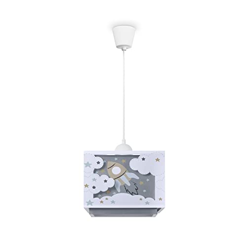 Paco Home Hängelampe Kinderzimmer Deckenlampe Pendelleuchte Lampenschirm Stoff E27 Rakete Wolken m Dunkeln Leuchtend von Paco Home