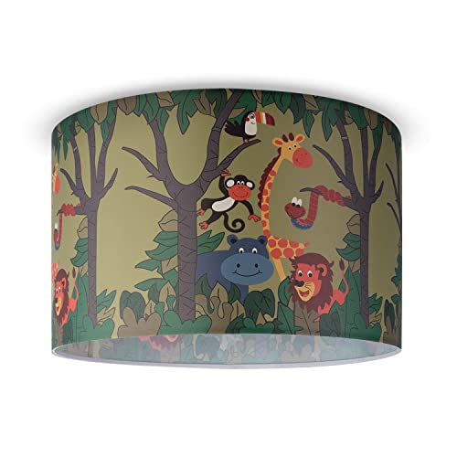 Paco Home Hängelampe Mädchen Junge Deckenlampe Kinderzimmer Lampe Deckenleuchte Stoff E27 Lampenschirm Dschungel Tiere 1,5m Textilkabel Dschungel von Paco Home