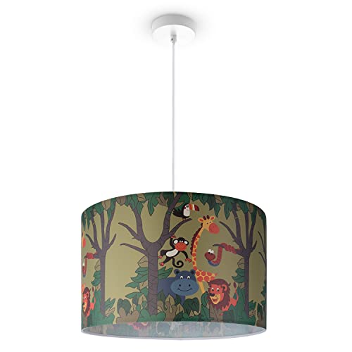 Paco Home Hängelampe Mädchen Junge Pendellampe Kinderzimmer Lampe Deckenlampe Stoff E27 Lampenschirm Dschungel Tiere 1,5m Textilkabel Kürzbar Jungle von Paco Home