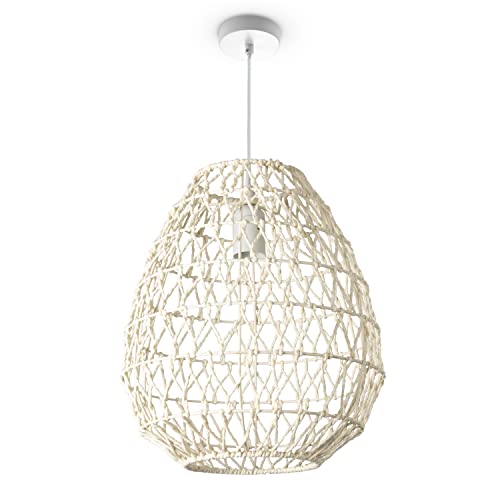 Paco Home Hängeleuchte Bambus Esszimmerlampe Korblampe Hängend Papier Pendellampe Papier Gras Boho Natürlich Bar E27, Lampenart:Pendelleuchte - Typ 2, Farbe:Creme (Ø30 cm) von Paco Home