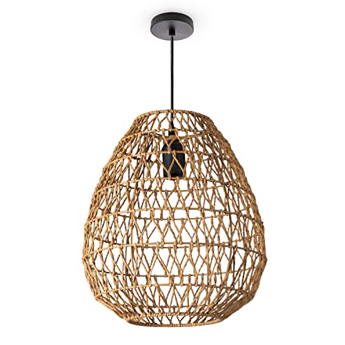 Paco Home Hängeleuchte Bambus Esszimmerlampe Korblampe Hängend Papier Pendellampe Papier Gras Boho Natürlich Bar E27, Lampenart:Pendelleuchte - Typ 2, Farbe:Natur (Ø30cm) von Paco Home