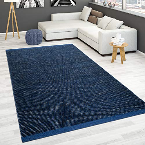 Paco Home Handgewebter Teppich Flachgewebe 100% Wolle Skandinavischer Stil in vers. Farben, Grösse:80x150 cm, Farbe:Blau von Paco Home