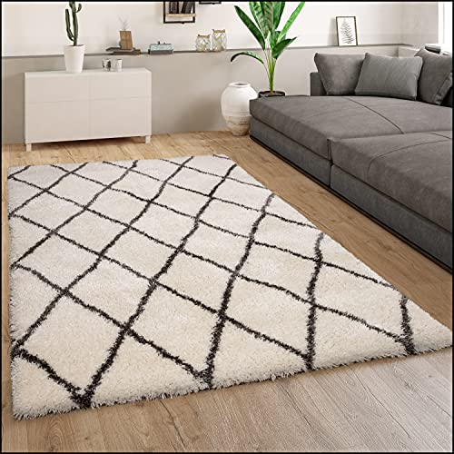 Paco Home Teppich Wohnzimmer Hochflor Schlafzimmer Weich Shaggy Flokati Rauten Skandi Muster Modern Creme Weiß, Grösse:120x160 cm von Paco Home