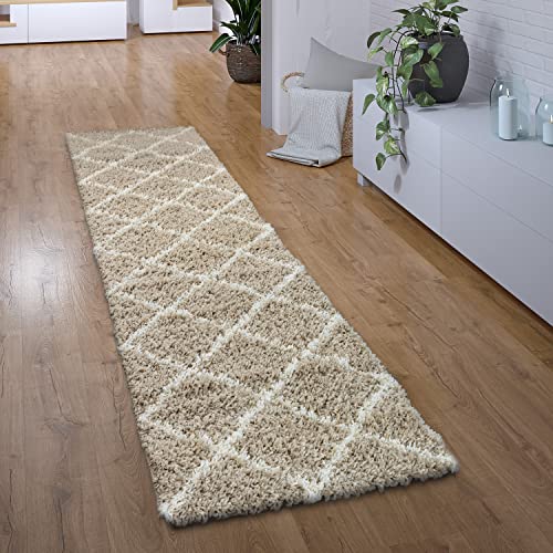 Paco Home Hochflor Teppich Läufer Flur Schlafzimmer Wohnzimmerteppich Shaggy Langflor Modern Skandinavisch Rautenmuster, Grösse:100x200 cm, Farbe:Beige Paco Home Hochflor Teppich Läufer Flur Schlafzimmer Wohnzimmerteppich Shaggy Langflor Modern Skandinavisch Rautenmuster, Grösse:100x200 cm, Farbe:Beige von Paco Home