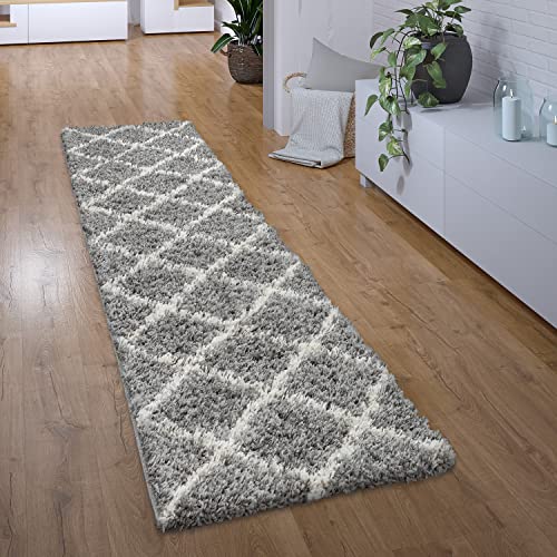 Paco Home Hochflor Teppich Läufer Flur Schlafzimmer Wohnzimmerteppich Shaggy Langflor Modern Skandinavisch Rautenmuster, Grösse:60x100 cm, Farbe:Grau von Paco Home