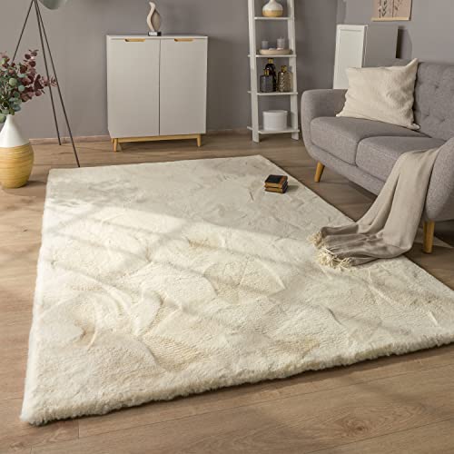 Paco Home Hochflor Teppich Wohnzimmer Schlafzimmer Modern Flauschiger Fellteppich Fell Imitat Kunstfell Langflor, Grösse:200 cm Rund, Farbe:Creme von Paco Home