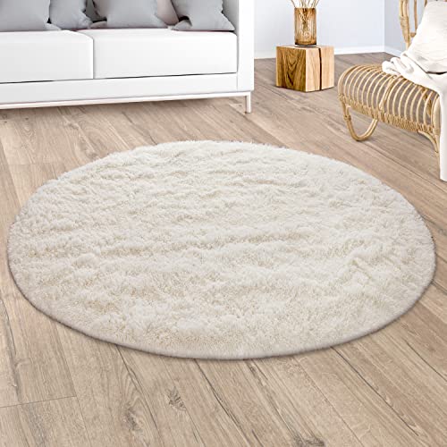 Paco Home Hochflor Teppich Wohnzimmer Schlafzimmer Shaggy Modern Fellteppich Flauschig rutschfest Fell Imitat Kunstfell Creme Beige, Grösse:160 cm Rund von Paco Home