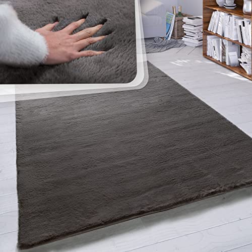 Paco Home Hochflor Teppich Wohnzimmer Schlafzimmer Shaggy Modern Flauschiger Fellteppich Weich Fell Imitat Kunstfell Einfarbig, Grösse:150x170 cm Oval, Farbe:Dunkelgrau von Paco Home