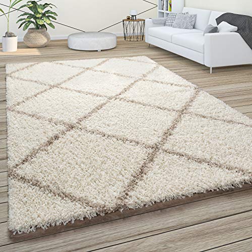 Paco Home Hochflor Teppich Wohnzimmer Schlafzimmer Shaggy Skandinavisch Rautenmuster, Grösse:200 cm Quadrat, Farbe:Beige-Creme von Paco Home