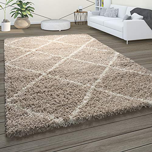 Paco Home Hochflor Teppich Wohnzimmer Schlafzimmer Shaggy Skandinavisch Rautenmuster, Grösse:240x340 cm, Farbe:Beige von Paco Home