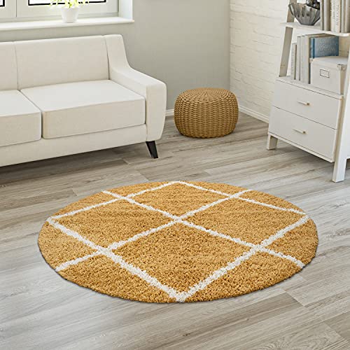 Paco Home Hochflor Teppich Wohnzimmer Schlafzimmer Shaggy Skandinavisch Rautenmuster, Grösse:Ø 160 cm Rund, Farbe:Gelb von Paco Home