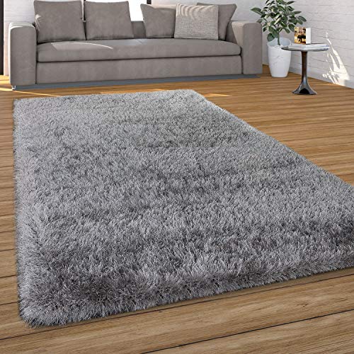 Paco Home Hochflor Teppich Wohnzimmer Schlafzimmer Shaggy Weich Modern Pastell Einfarbiges Design, Grösse:60x100 cm, Farbe:Grau von Paco Home