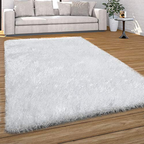 Paco Home Hochflor Teppich Wohnzimmer Schlafzimmer Shaggy Weich Modern Pastell Einfarbiges Design, Grösse:80x150 cm, Farbe:Weiß von Paco Home
