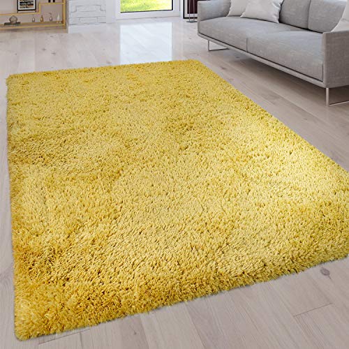 Paco Home Hochflor Teppich Wohnzimmer Schlafzimmer Waschbar rutschfest Weich Shaggy Modern Einfarbig, Grösse:140x200 cm, Farbe:Gelb von Paco Home