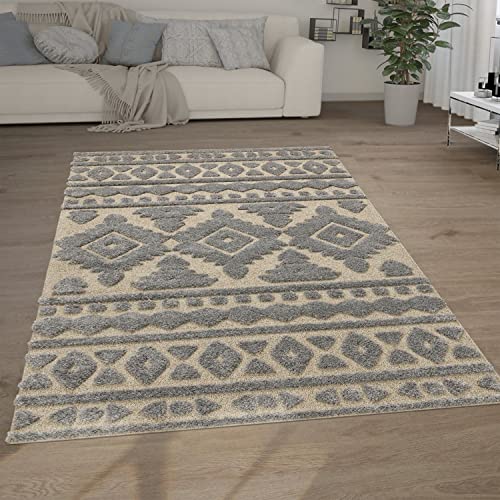 Paco Home Hochflor Teppich Wohnzimmer Shaggy 3D Optik Ethno Boho Vintage Look Weich, Grösse:200x280 cm, Farbe:Grau 3 von Paco Home