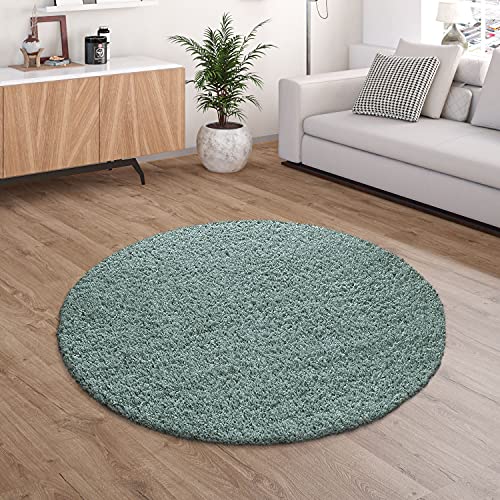 Paco Home Hochflor Teppich Wohnzimmer Shaggy Langflor Modern Einfarbig Ohne Muster, Grösse:160 cm Rund, Farbe:Türkis von Paco Home