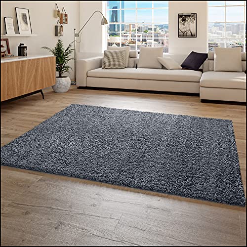 Paco Home Hochflor Teppich Wohnzimmer Shaggy Langflor Modern Einfarbig Ohne Muster, Grösse:160x220 cm, Farbe:Blau von Paco Home