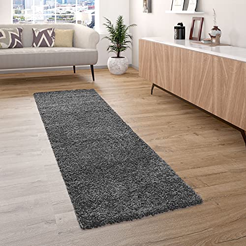 Paco Home Hochflor Teppich Wohnzimmer Shaggy Langflor Modern Einfarbig Ohne Muster, Grösse:70x250 cm, Farbe:Anthrazit von Paco Home